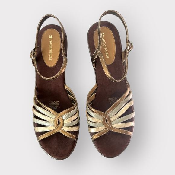 Naturalizer | Strappy Brown‎ Gold Bronze Leather Wedge Sandals Heel size 9.5 - Picture 1 of 9